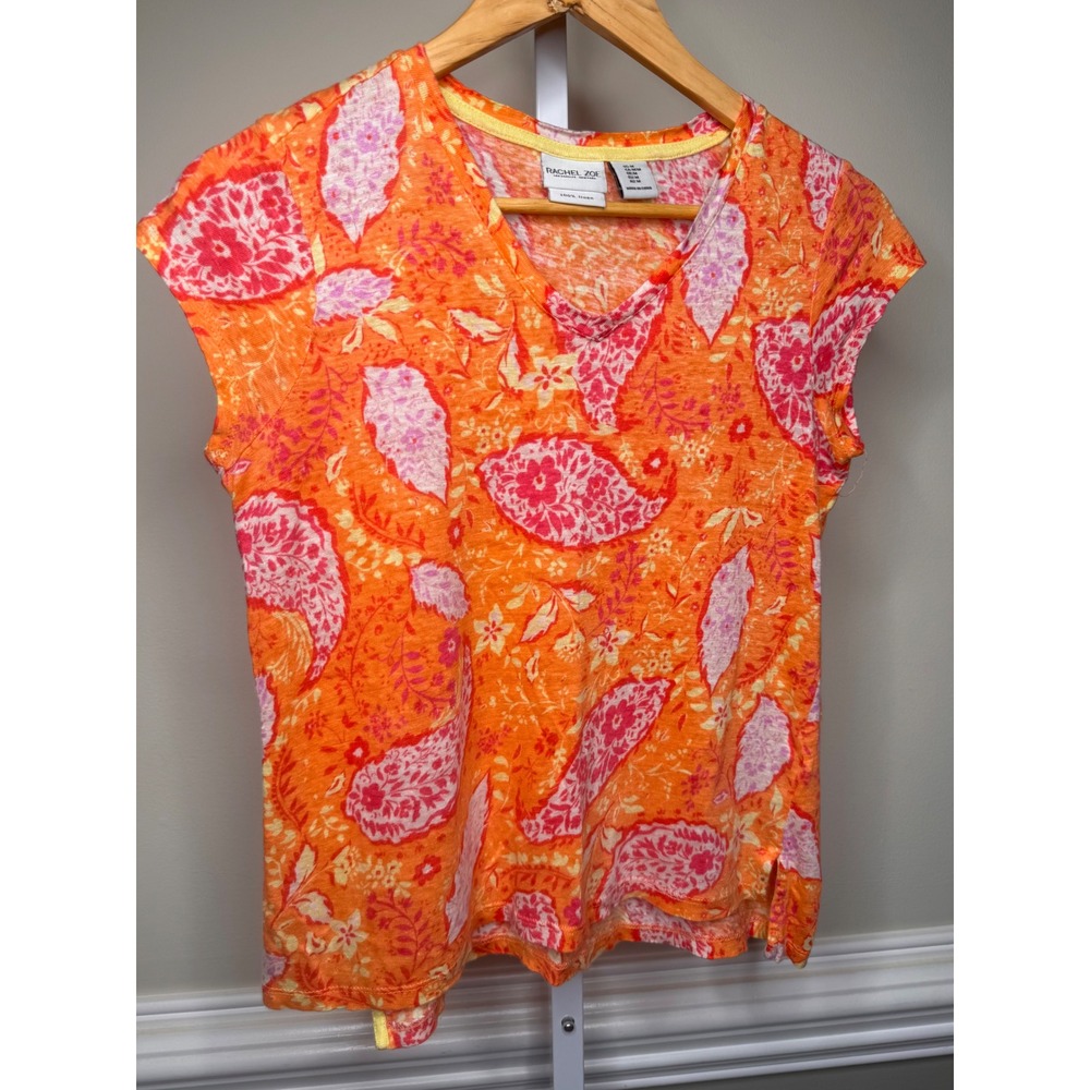 Rachel Zoe Orange Pink Paisley Linen Blend V Neck Cap Sleeve Top‎ Women's M
